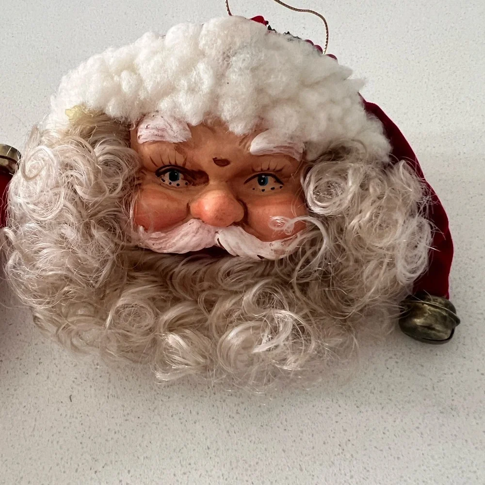Vtg‎ Antiqued Santa Head Christmas Ornaments Hand painted Celluloid Set Of 2